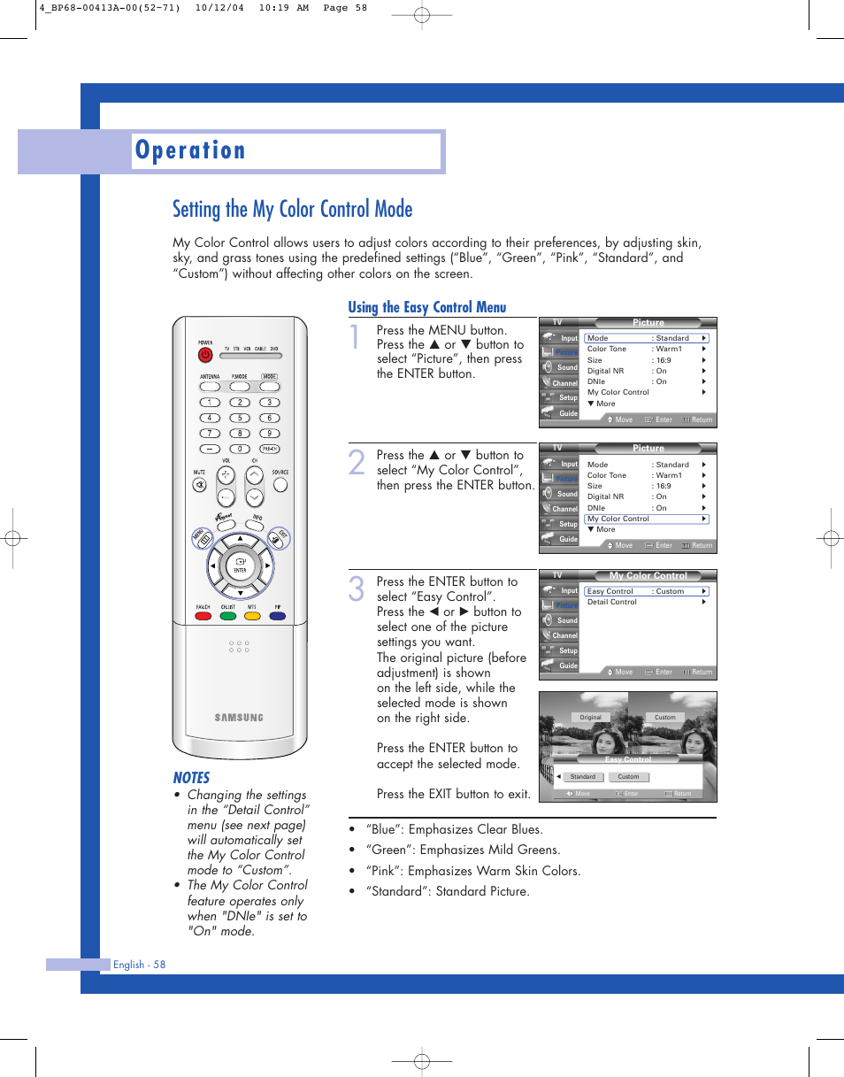 Setting the my color control mode, Operation, Using the easy control menu | Samsung HLP4667WX-XAA User Manual | Page 58 / 102