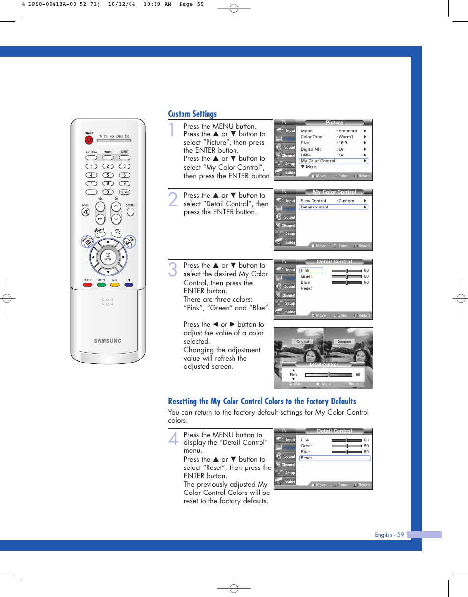 Custom settings | Samsung HLP4667WX-XAA User Manual | Page 59 / 102