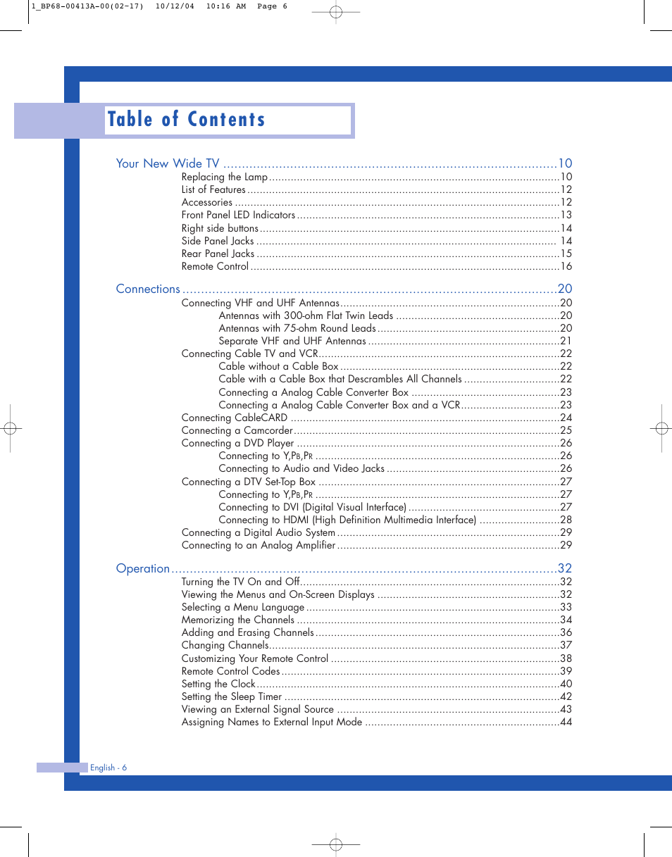 Samsung HLP4667WX-XAA User Manual | Page 6 / 102