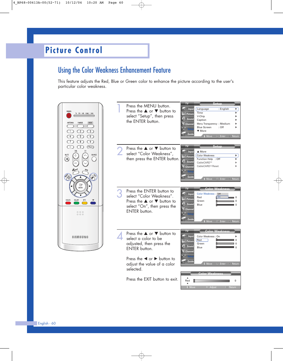 Using the color weakness enhancement feature, Picture control | Samsung HLP4667WX-XAA User Manual | Page 60 / 102