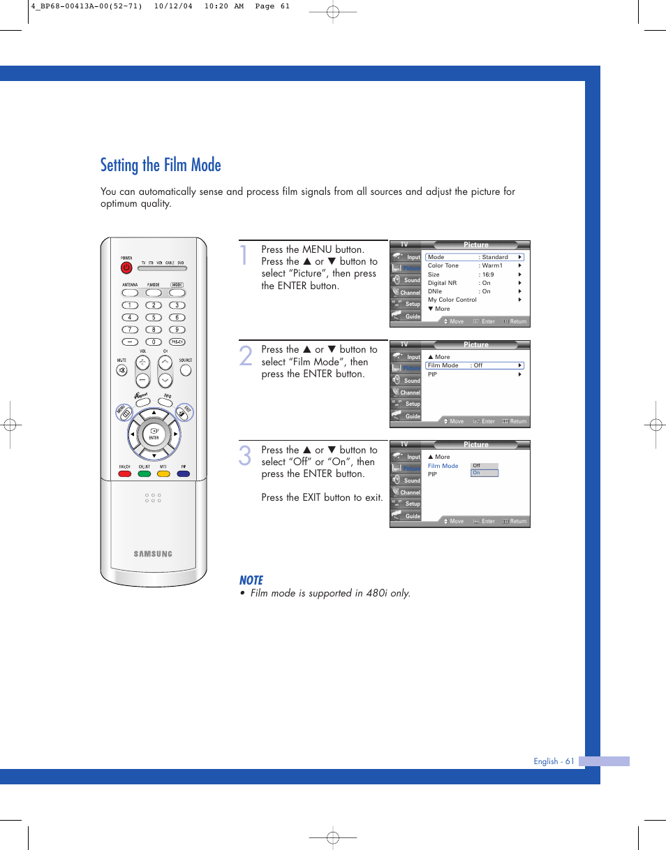 Setting the film mode, Film mode is supported in 480i only | Samsung HLP4667WX-XAA User Manual | Page 61 / 102