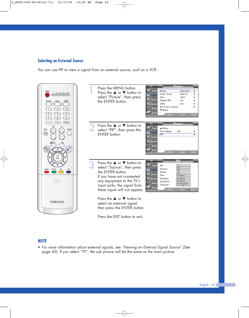 Selecting an external source | Samsung HLP4667WX-XAA User Manual | Page 63 / 102