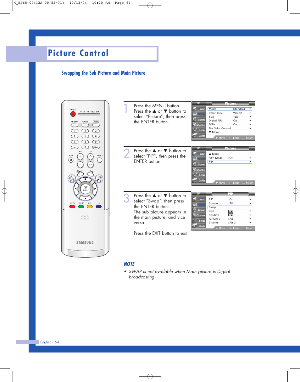 Picture control, Swapping the sub picture and main picture | Samsung HLP4667WX-XAA User Manual | Page 64 / 102