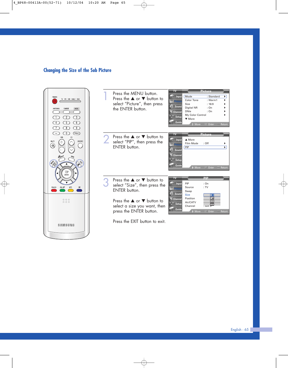 Changing the size of the sub picture | Samsung HLP4667WX-XAA User Manual | Page 65 / 102