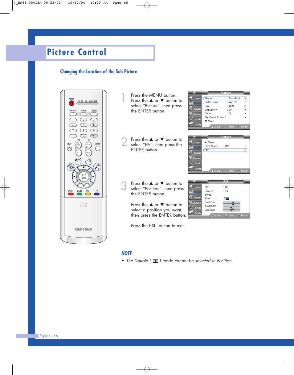 Picture control, Changing the location of the sub picture, The double ( ) mode cannot be selected in position | Samsung HLP4667WX-XAA User Manual | Page 66 / 102