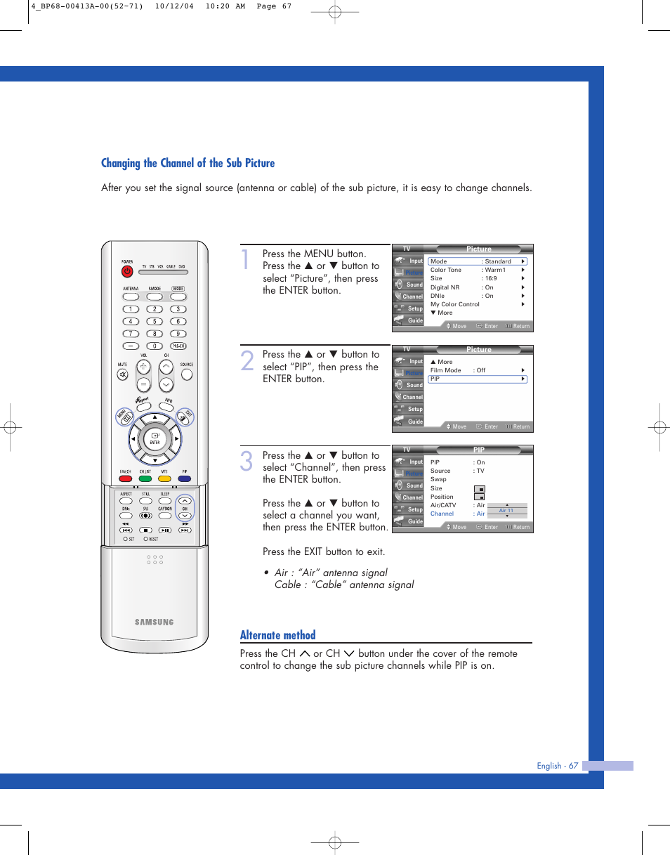 Changing the channel of the sub picture, Alternate method | Samsung HLP4667WX-XAA User Manual | Page 67 / 102