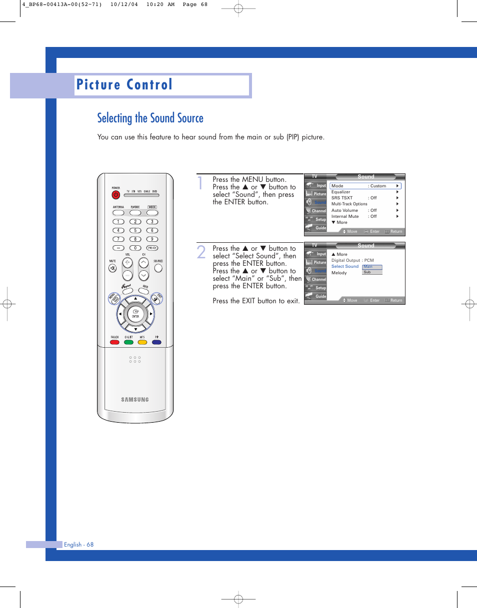 Selecting the sound source, Picture control | Samsung HLP4667WX-XAA User Manual | Page 68 / 102