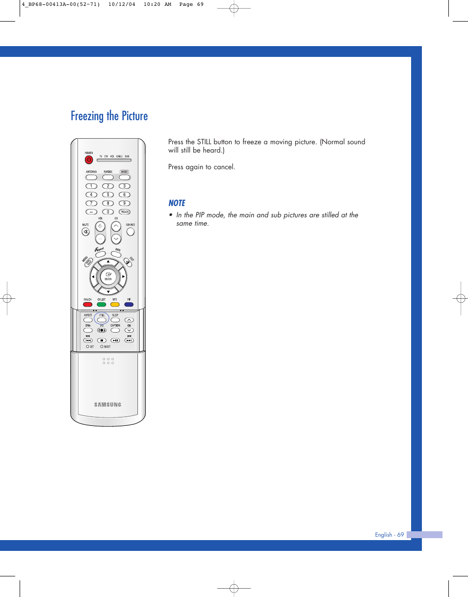 Freezing the picture | Samsung HLP4667WX-XAA User Manual | Page 69 / 102