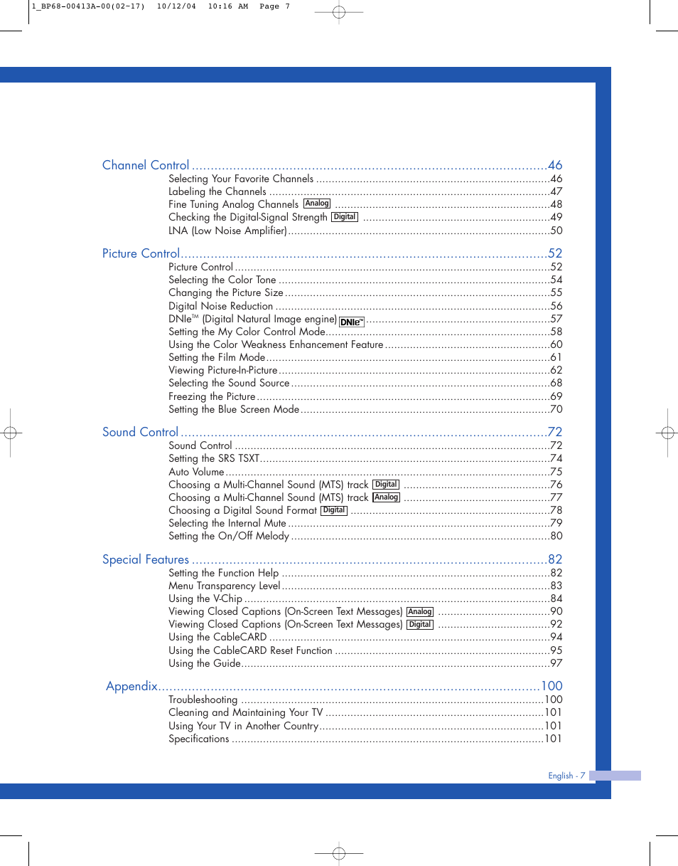 Channel control, Picture control, Sound control | Special features, Appendix | Samsung HLP4667WX-XAA User Manual | Page 7 / 102