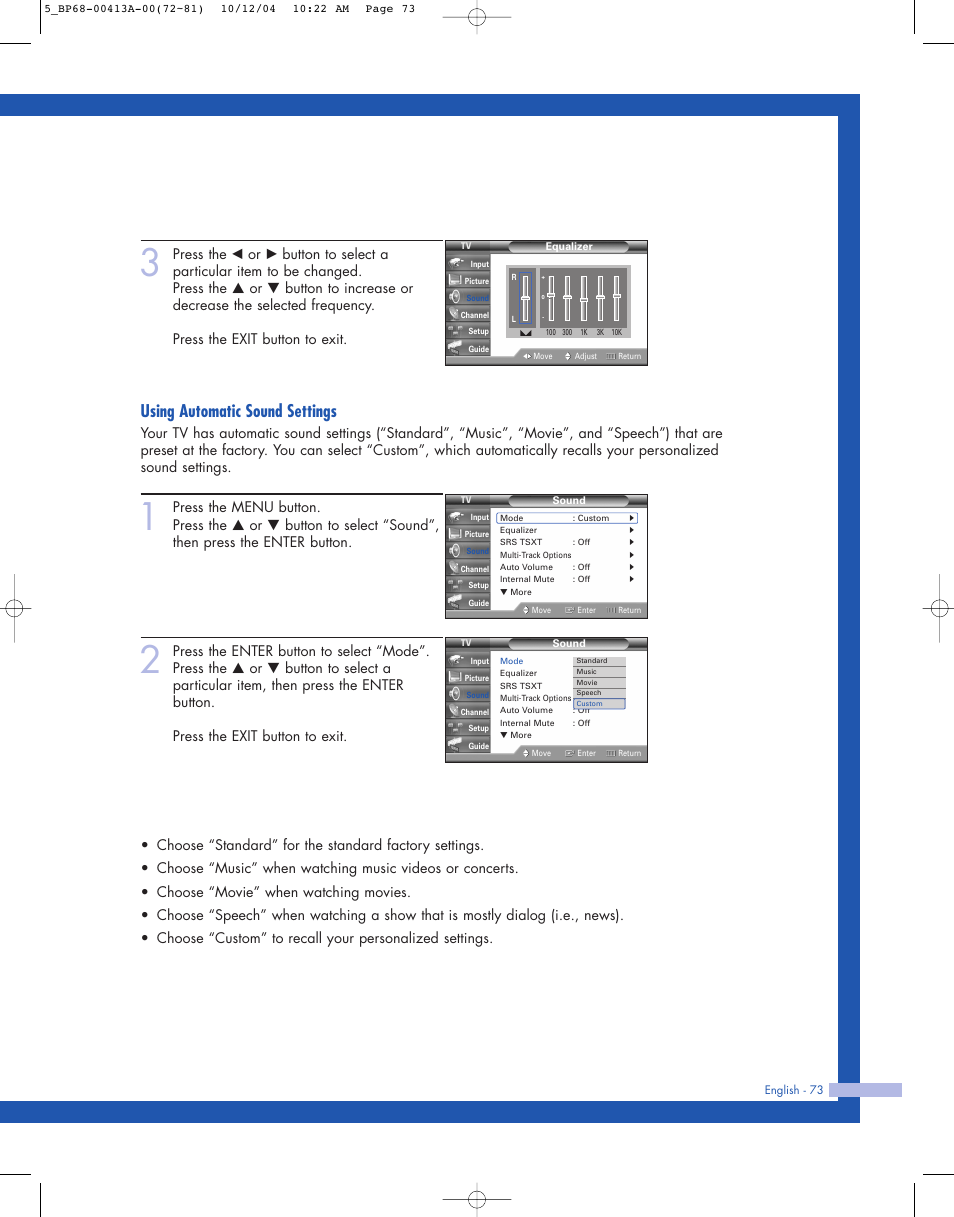 Using automatic sound settings | Samsung HLP4667WX-XAA User Manual | Page 73 / 102