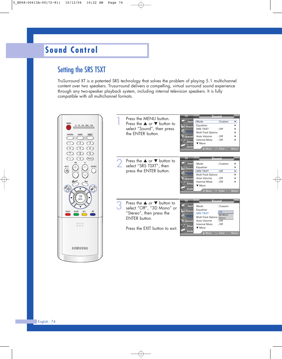 Setting the srs tsxt, Sound control | Samsung HLP4667WX-XAA User Manual | Page 74 / 102