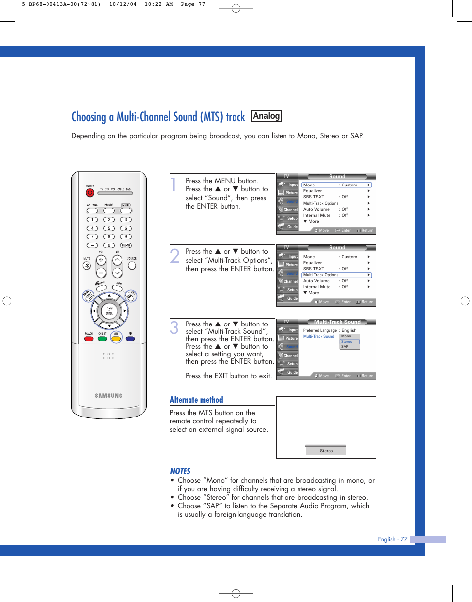 Choosing a multi-channel sound (mts) track, Analog, Alternate method | Samsung HLP4667WX-XAA User Manual | Page 77 / 102