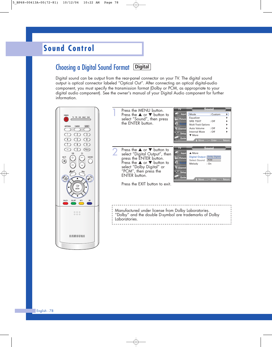 Choosing a digital sound format, Sound control, Digital | Samsung HLP4667WX-XAA User Manual | Page 78 / 102