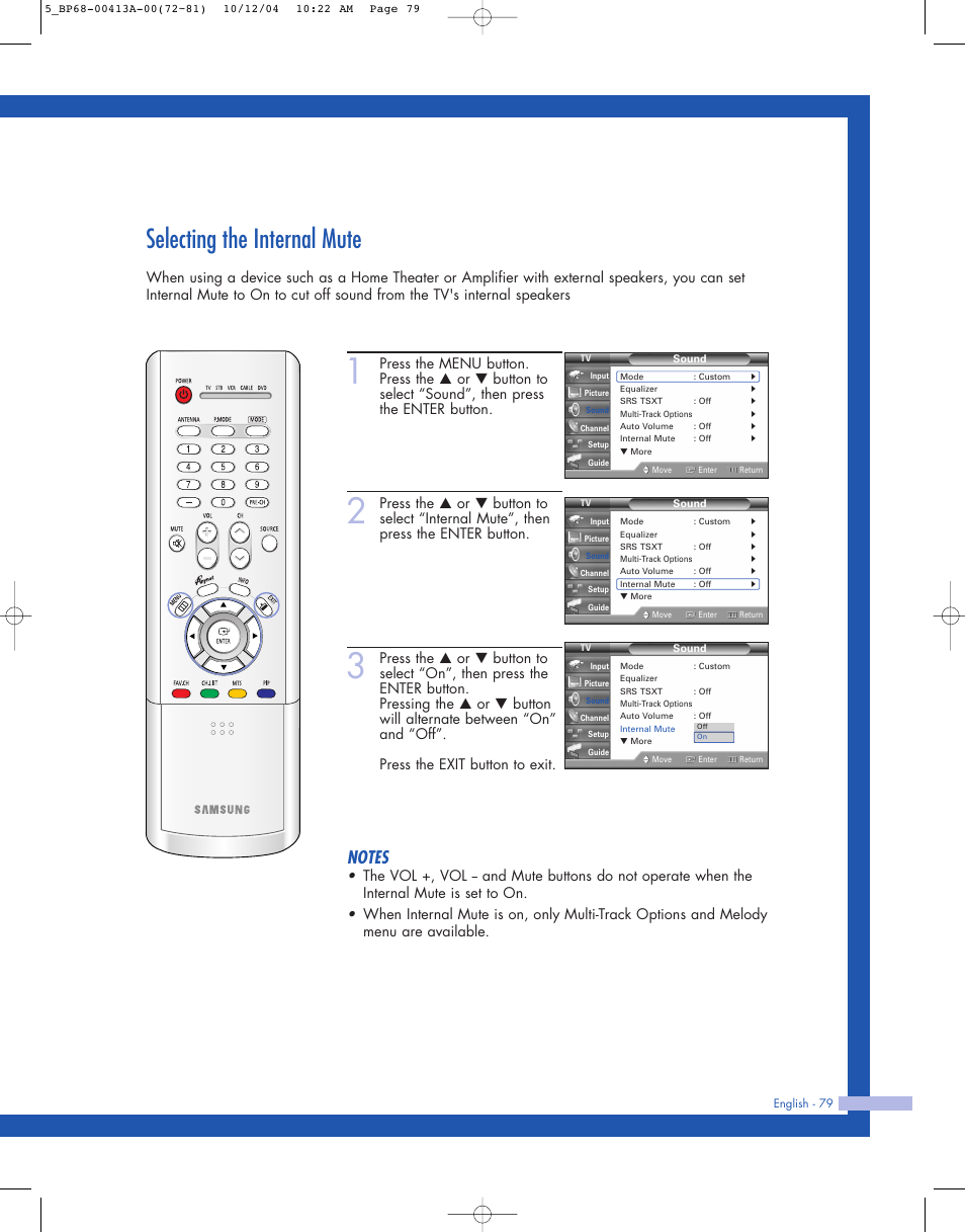 Selecting the internal mute | Samsung HLP4667WX-XAA User Manual | Page 79 / 102