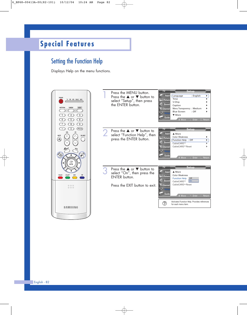 Setting the function help, Special features, Displays help on the menu functions | Samsung HLP4667WX-XAA User Manual | Page 82 / 102