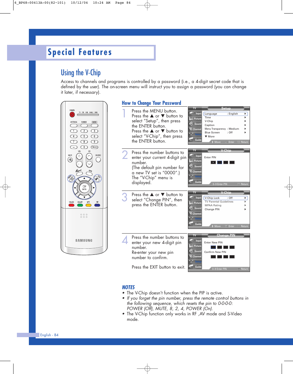 Using the v-chip, Special features, How to change your password | Samsung HLP4667WX-XAA User Manual | Page 84 / 102