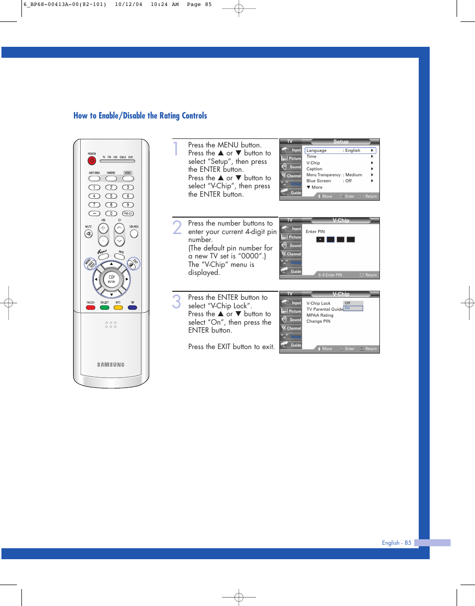 How to enable/disable the rating controls | Samsung HLP4667WX-XAA User Manual | Page 85 / 102