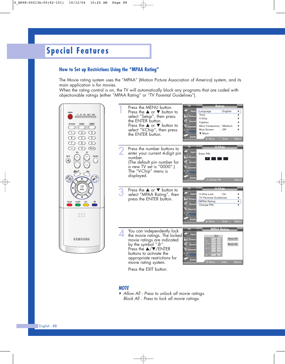 Special features, How to set up restrictions using the “mpaa rating | Samsung HLP4667WX-XAA User Manual | Page 88 / 102