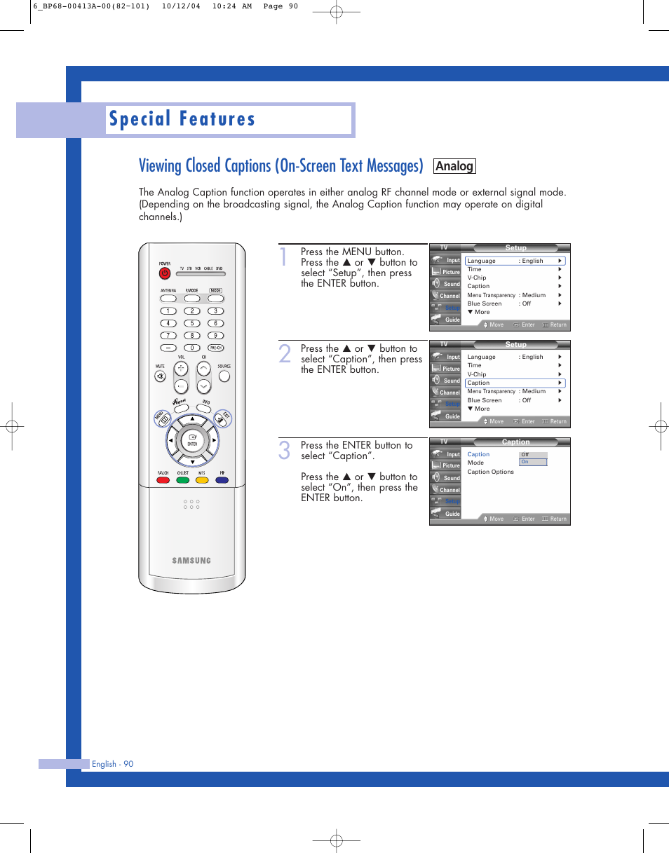 Viewing closed captions (on-screen text messages), Special features, Analog | Samsung HLP4667WX-XAA User Manual | Page 90 / 102