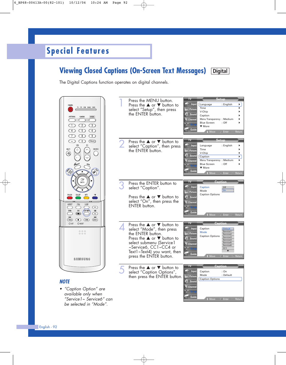 Viewing closed captions (on-screen text messages), Special features, Digital | Samsung HLP4667WX-XAA User Manual | Page 92 / 102
