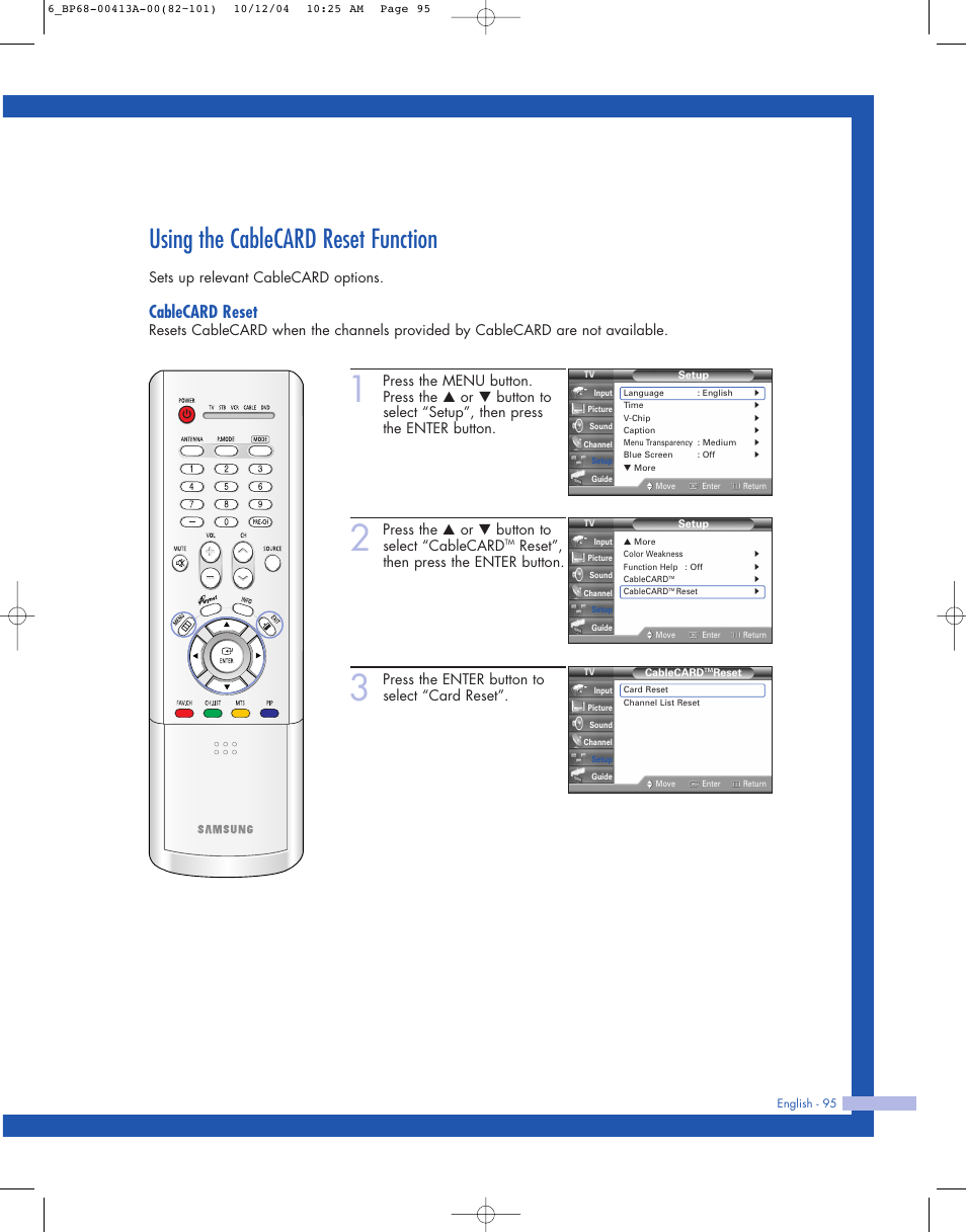 Using the cablecard reset function, Cablecard reset, Sets up relevant cablecard options | Press the … or † button to select “cablecard, Reset”, then press the enter button, Press the enter button to select “card reset | Samsung HLP4667WX-XAA User Manual | Page 95 / 102