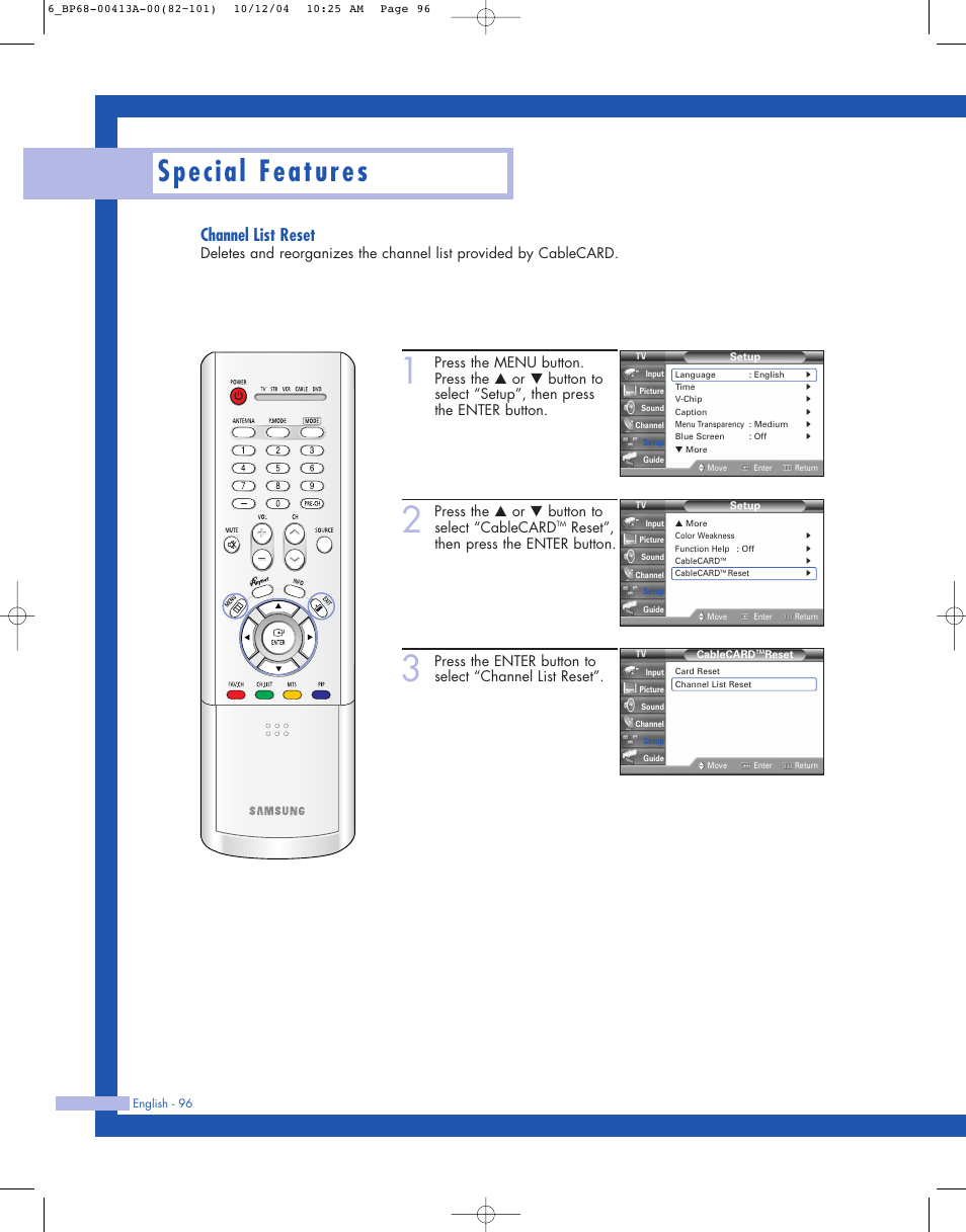 Special features, Channel list reset, Press the … or † button to select “cablecard | Reset”, then press the enter button | Samsung HLP4667WX-XAA User Manual | Page 96 / 102