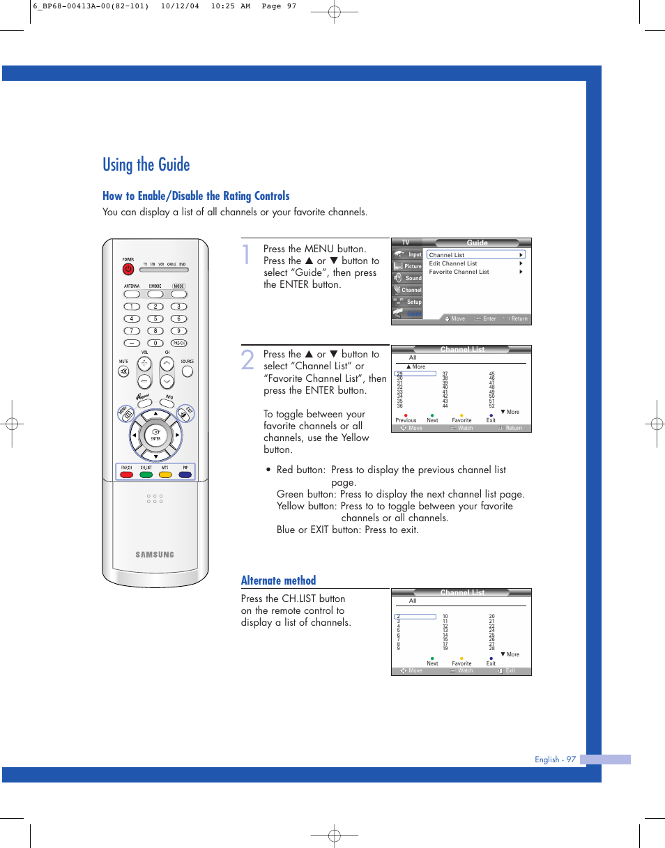 Using the guide, How to enable/disable the rating controls, Alternate method | Samsung HLP4667WX-XAA User Manual | Page 97 / 102