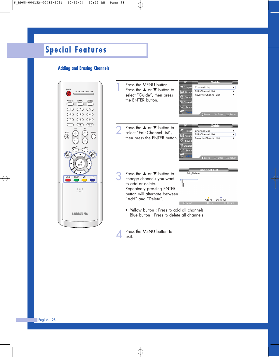 Special features, Adding and erasing channels | Samsung HLP4667WX-XAA User Manual | Page 98 / 102