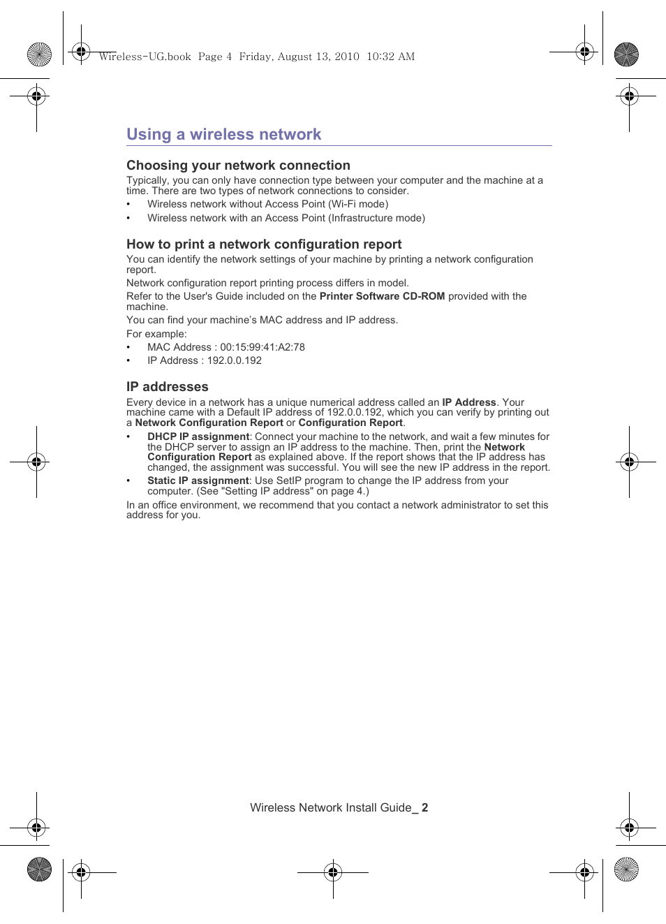 Using a wireless network, Choosing your network connection, How to print a network configuration report | Ip addresses | Samsung CLX-8640ND-XAA User Manual | Page 3 / 12