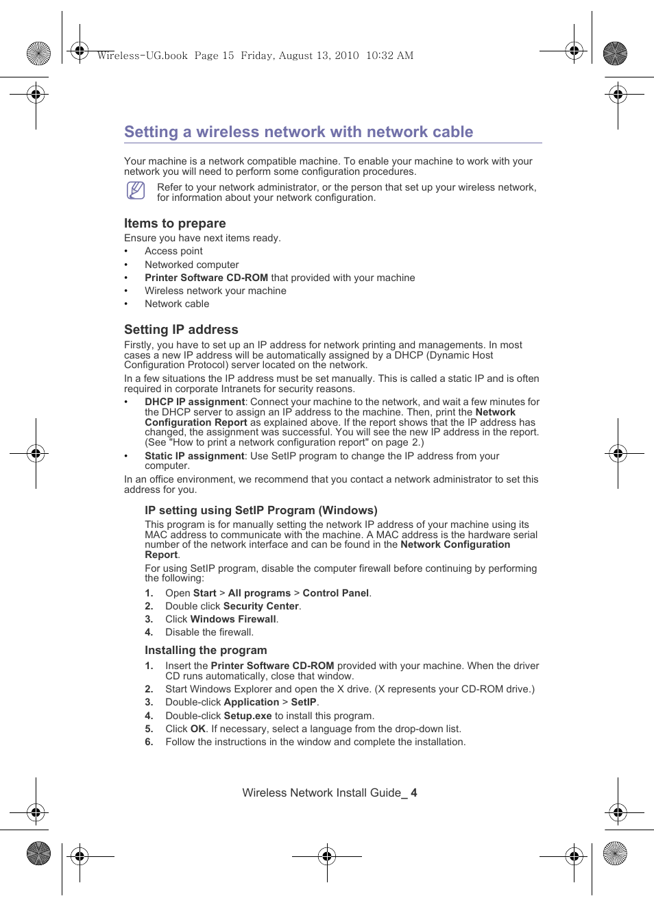 Setting a wireless network with network cable, Items to prepare, Setting ip address | Samsung CLX-8640ND-XAA User Manual | Page 5 / 12