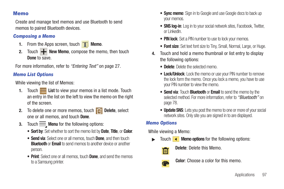 Memo | Samsung SCH-I905ZKAUSC User Manual | Page 101 / 178