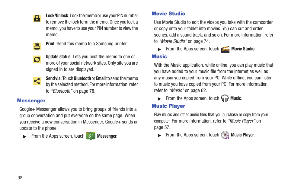 Messenger, Movie studio, Music | Music player, Messenger movie studio music music player | Samsung SCH-I905ZKAUSC User Manual | Page 102 / 178