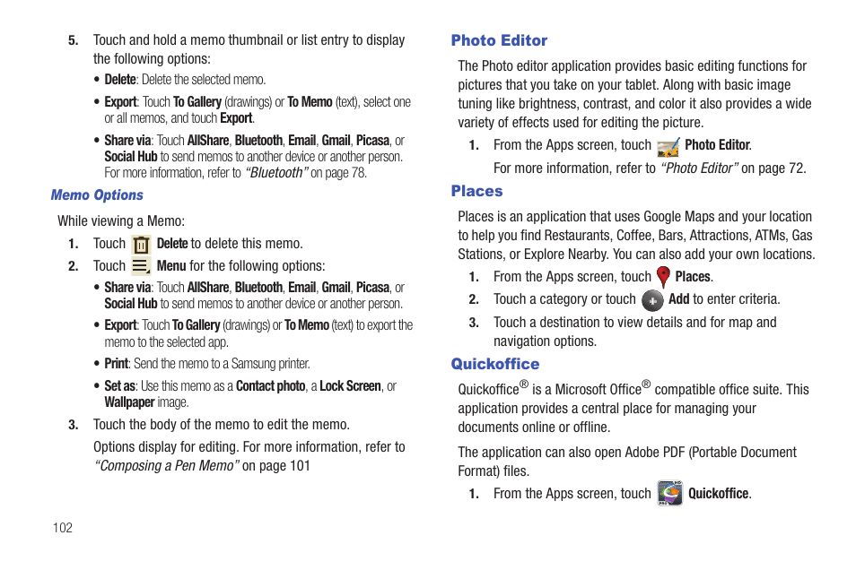 Photo editor, Places, Quickoffice | Photo editor places quickoffice | Samsung SCH-I905ZKAUSC User Manual | Page 106 / 178
