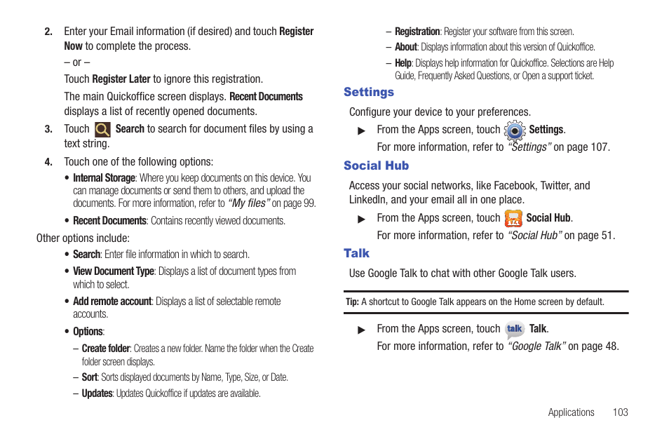 Settings, Social hub, Talk | Settings social hub talk | Samsung SCH-I905ZKAUSC User Manual | Page 107 / 178