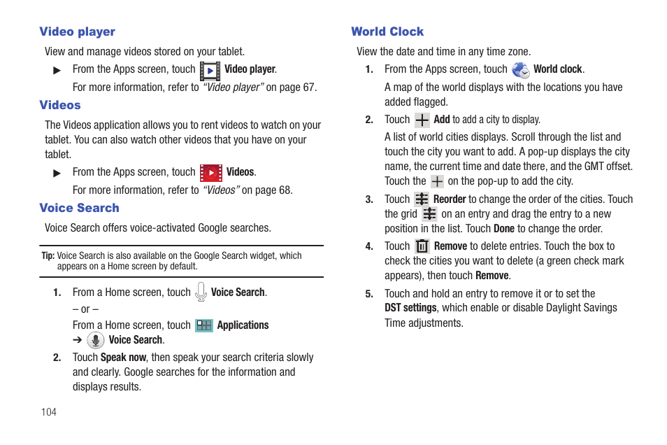 Video player, Videos, Voice search | World clock, Video player videos voice search world clock, Ose the app. for more | Samsung SCH-I905ZKAUSC User Manual | Page 108 / 178