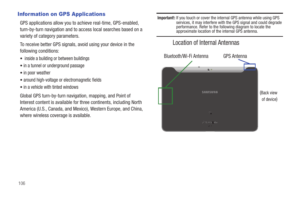 Information on gps applications, Location of internal antennas | Samsung SCH-I905ZKAUSC User Manual | Page 110 / 178