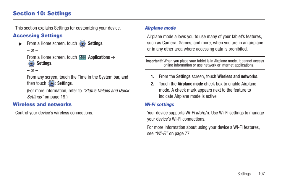 Section 10: settings, Accessing settings, Wireless and networks | Accessing settings wireless and networks, For more | Samsung SCH-I905ZKAUSC User Manual | Page 111 / 178