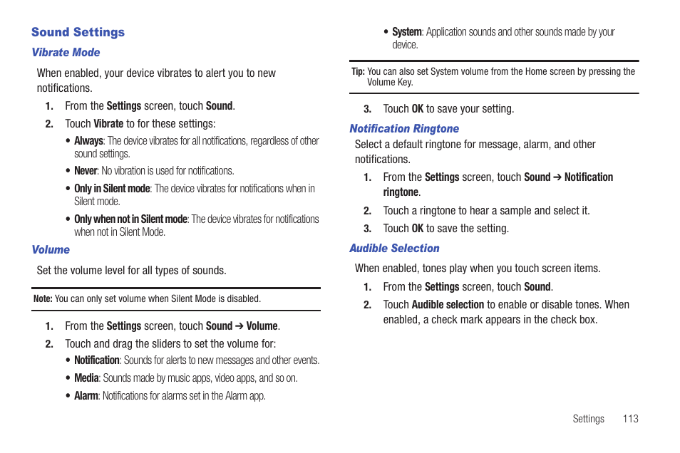 Sound settings | Samsung SCH-I905ZKAUSC User Manual | Page 117 / 178