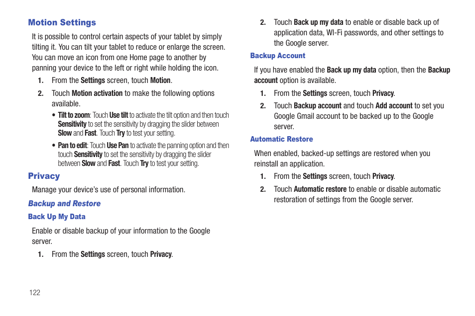 Motion settings, Privacy, Motion settings privacy | Samsung SCH-I905ZKAUSC User Manual | Page 126 / 178