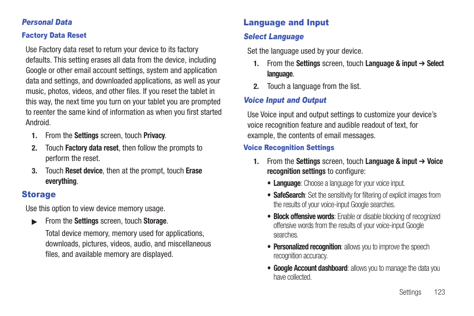 Storage, Language and input, Storage language and input | Samsung SCH-I905ZKAUSC User Manual | Page 127 / 178