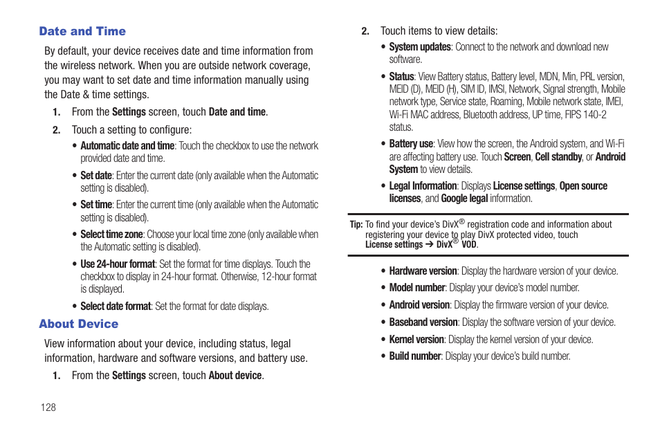 Date and time, About device, Date and time about device | Samsung SCH-I905ZKAUSC User Manual | Page 132 / 178