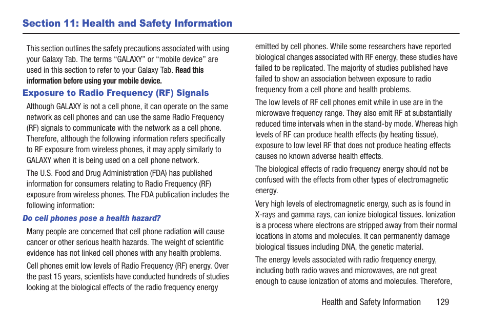 Section 11: health and safety information, Exposure to radio frequency (rf) signals | Samsung SCH-I905ZKAUSC User Manual | Page 133 / 178