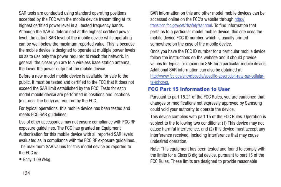 Fcc part 15 information to user | Samsung SCH-I905ZKAUSC User Manual | Page 138 / 178