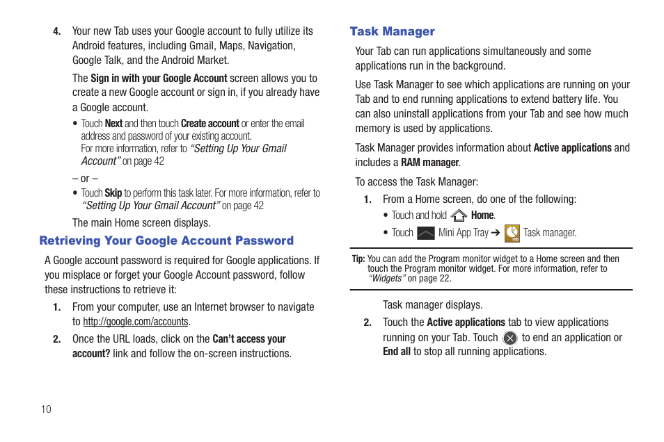 Retrieving your google account password, Task manager | Samsung SCH-I905ZKAUSC User Manual | Page 14 / 178