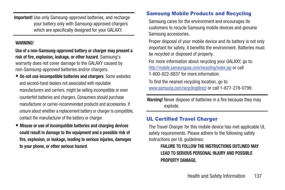 Samsung mobile products and recycling, Ul certified travel charger | Samsung SCH-I905ZKAUSC User Manual | Page 141 / 178