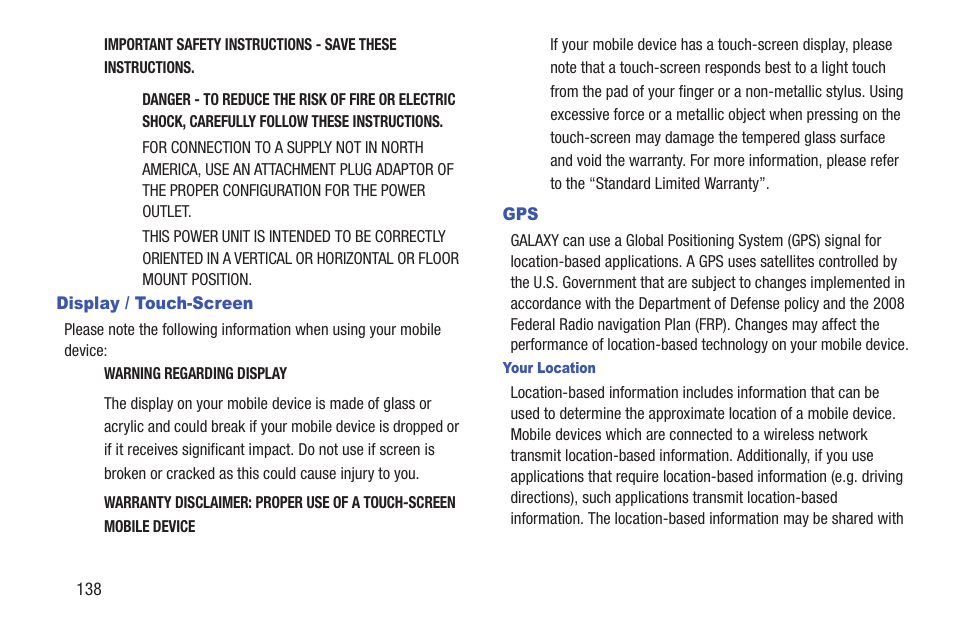 Display / touch-screen, Display / touch-screen gps | Samsung SCH-I905ZKAUSC User Manual | Page 142 / 178