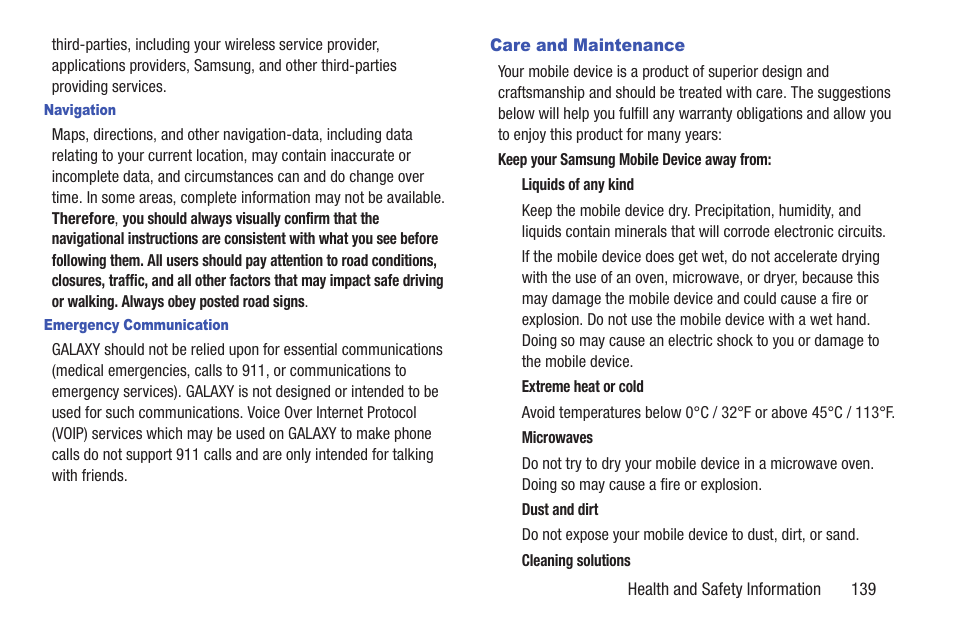Care and maintenance | Samsung SCH-I905ZKAUSC User Manual | Page 143 / 178
