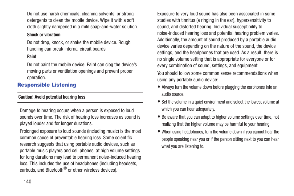 Responsible listening | Samsung SCH-I905ZKAUSC User Manual | Page 144 / 178