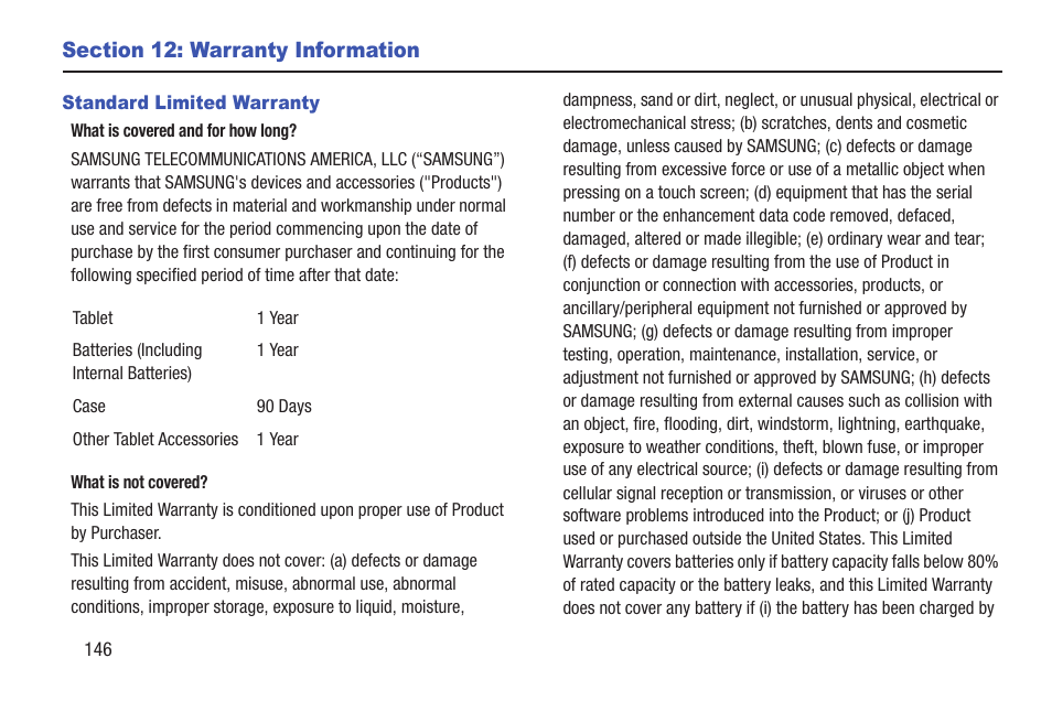 Section 12: warranty information, Standard limited warranty | Samsung SCH-I905ZKAUSC User Manual | Page 150 / 178