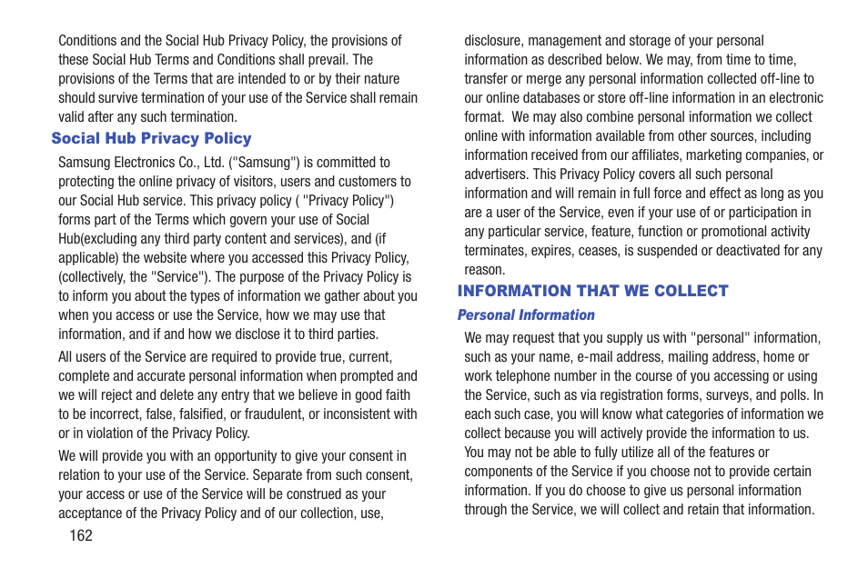 Social hub privacy policy, Information that we collect | Samsung SCH-I905ZKAUSC User Manual | Page 166 / 178